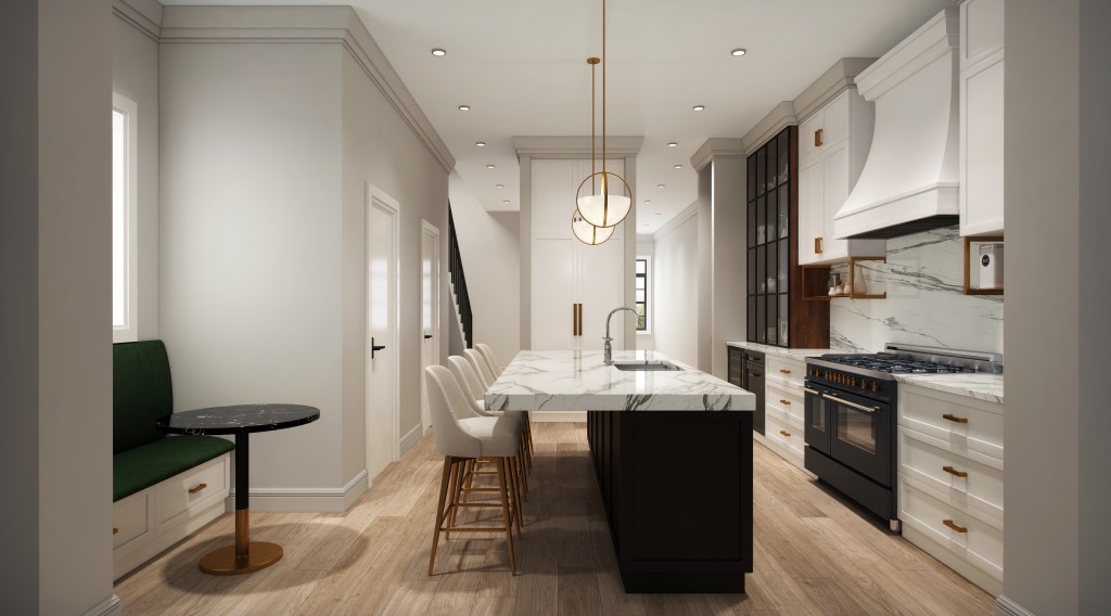 Viking range white cabinets wood cabient hutch wood island marble counter tops brass island pendants hardwood floor white shaker cabinets
