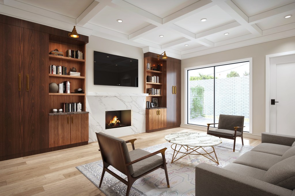 Marble fireplace gas fireplace midcentury modern chairs wood bookcase hardwood floor light coffered ceiling