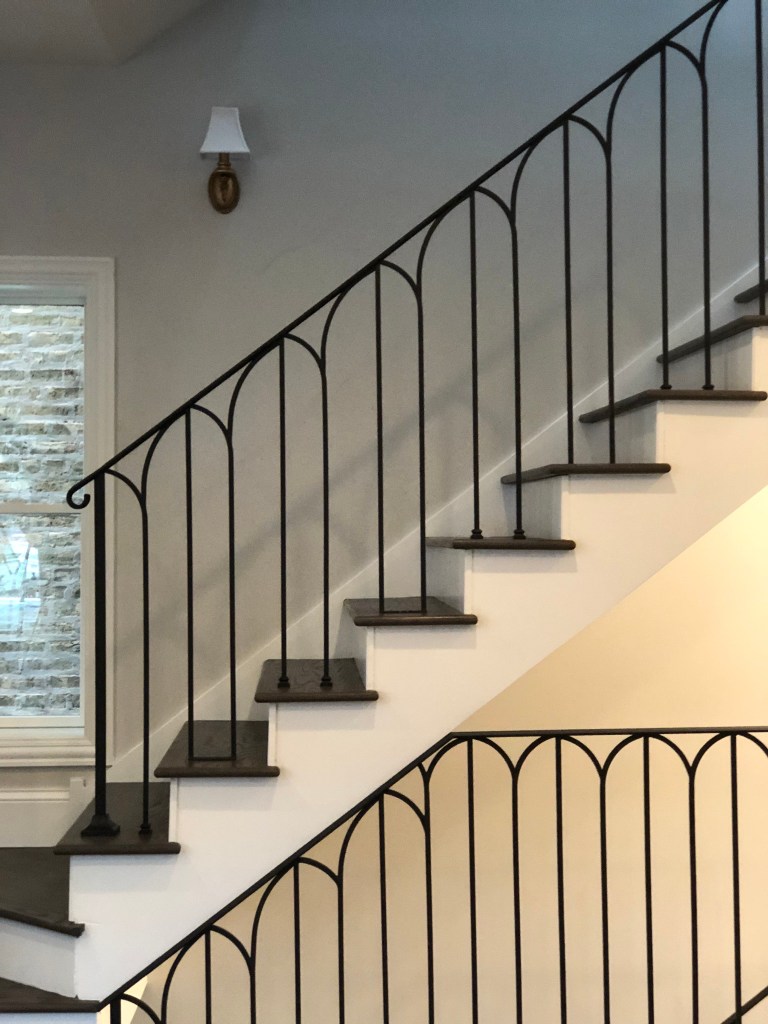 custom railing metal railing white stairs wood treads