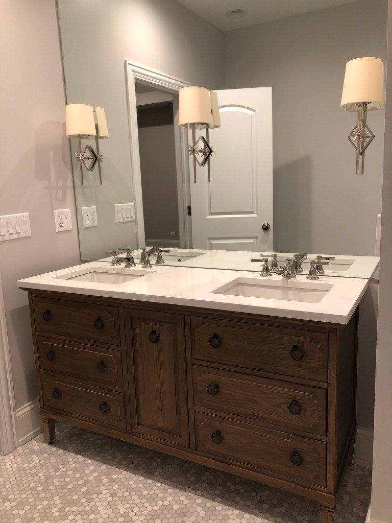 wood vanity restoration hardware mirror sconces polished nicel quartz